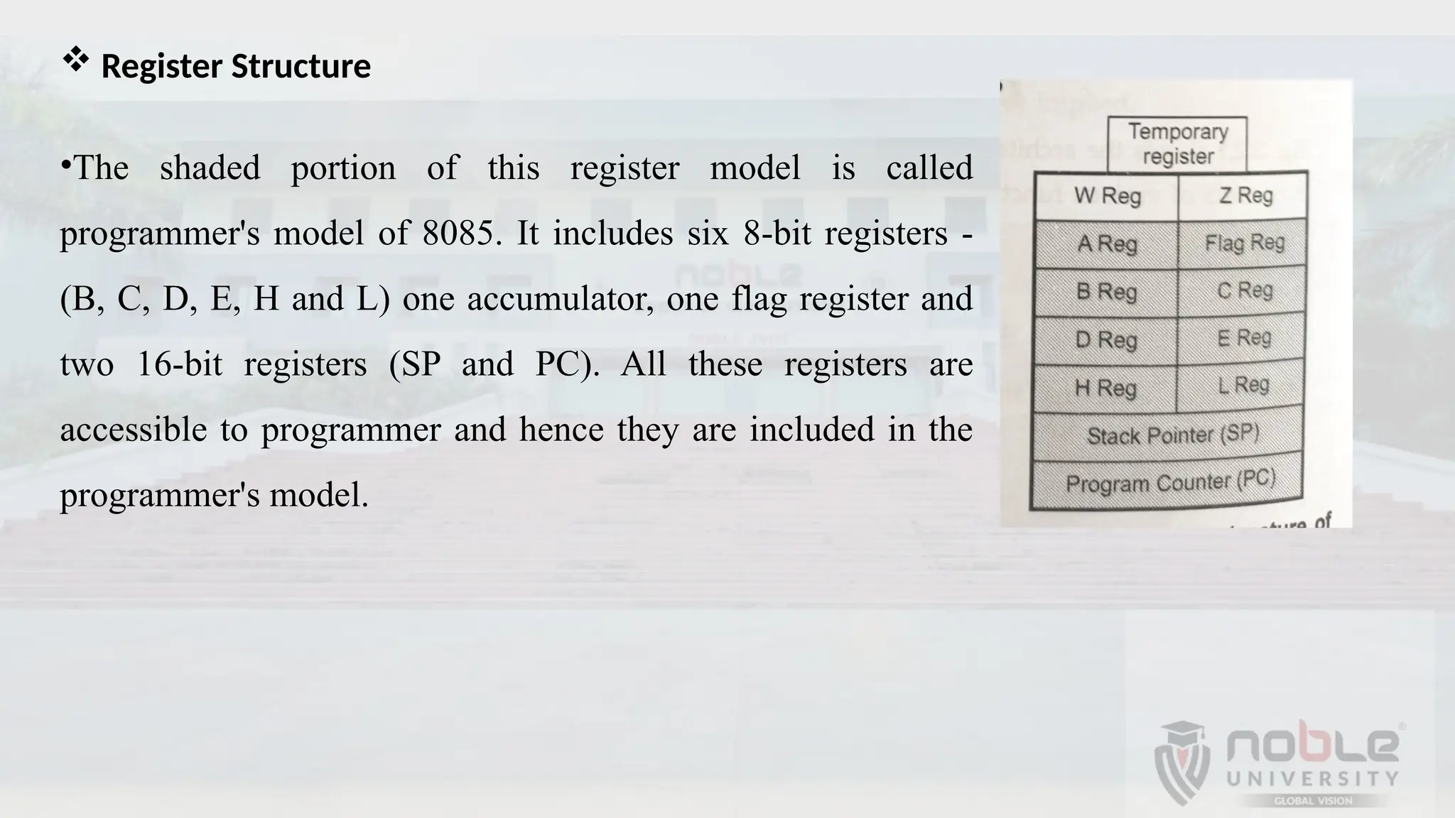  Register Structure
•The shaded portion of this register model is called
programmer's model of 8085. It includes six 8-bit registers -
(B, C, D, E, H and L) one accumulator, one flag register and
two 16-bit registers (SP and PC). All these registers are
accessible to programmer and hence they are included in the
programmer's model.
 