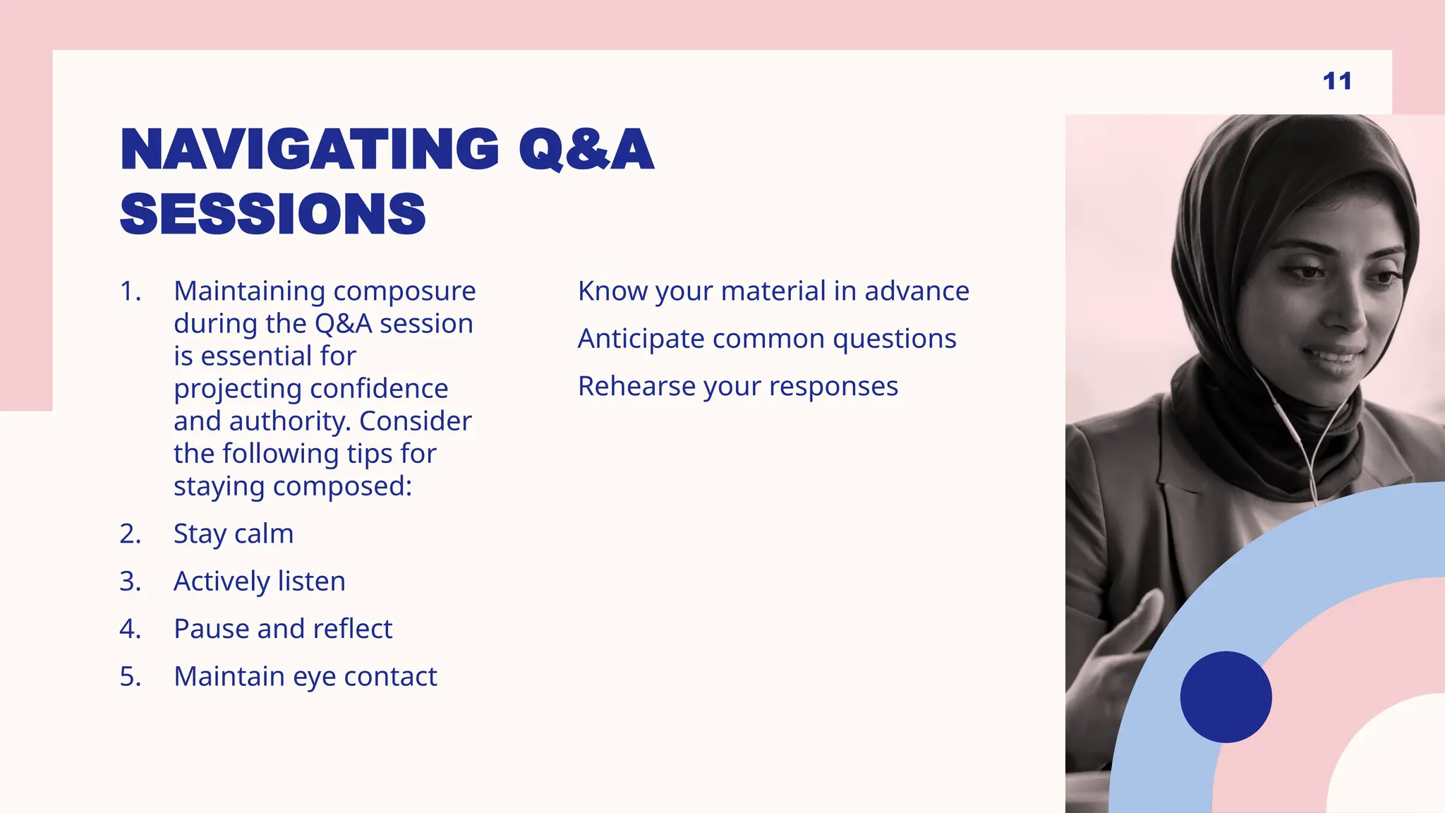 NAVIGATING Q&A
SESSIONS
1. Maintaining composure
during the Q&A session
is essential for
projecting confidence
and authority. Consider
the following tips for
staying composed:
2. Stay calm
3. Actively listen
4. Pause and reflect
5. Maintain eye contact
Know your material in advance
Anticipate common questions
Rehearse your responses
11
 