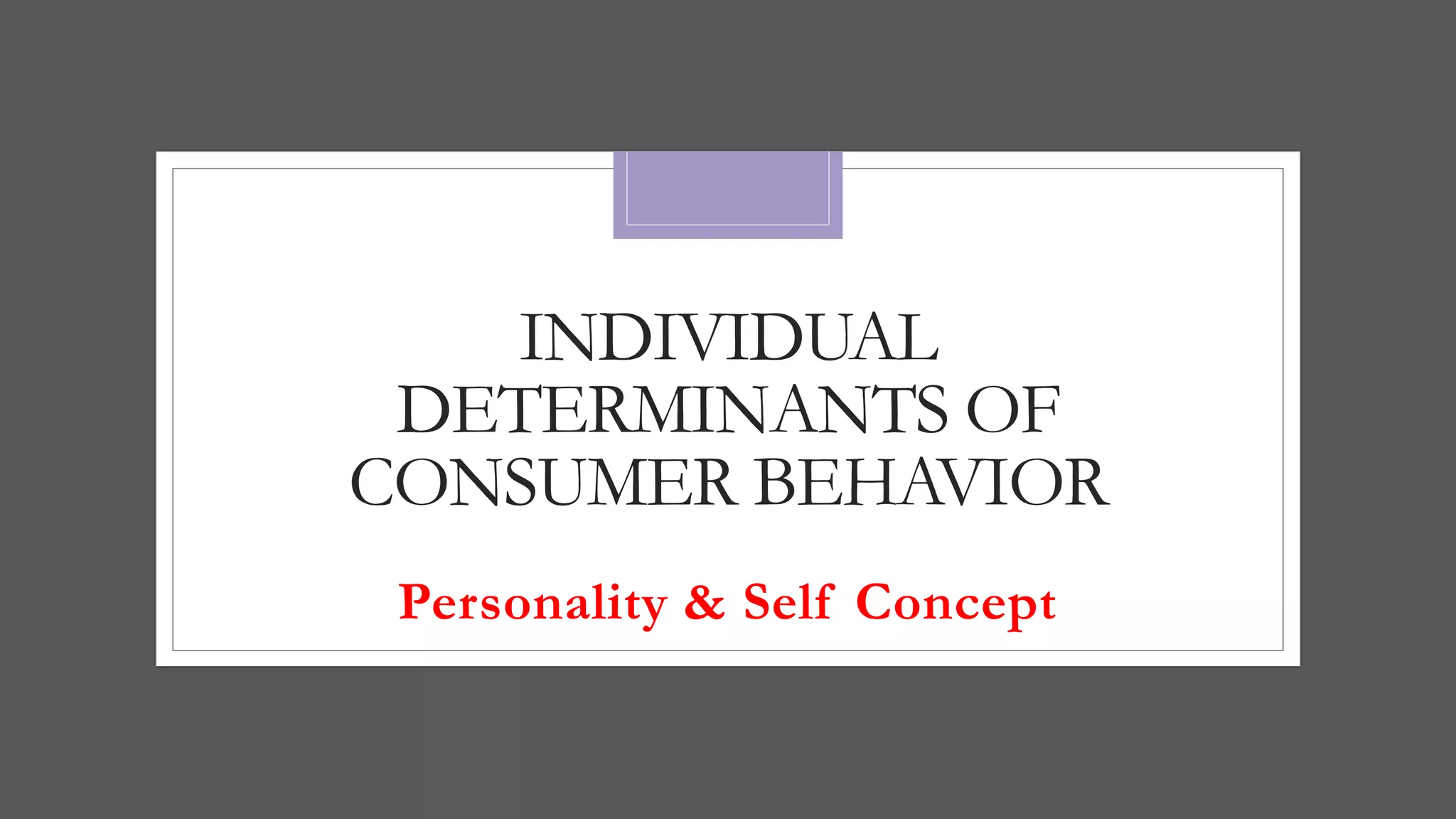 INDIVIDUAL
DETERMINANTS OF
CONSUMER BEHAVIOR
Personality & Self Concept
 