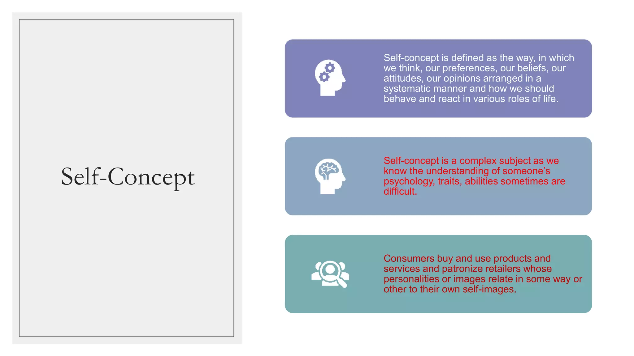 Self-Concept
Self-concept is defined as the way, in which
we think, our preferences, our beliefs, our
attitudes, our opinions arranged in a
systematic manner and how we should
behave and react in various roles of life.
Self-concept is a complex subject as we
know the understanding of someone’s
psychology, traits, abilities sometimes are
difficult.
Consumers buy and use products and
services and patronize retailers whose
personalities or images relate in some way or
other to their own self-images.
 