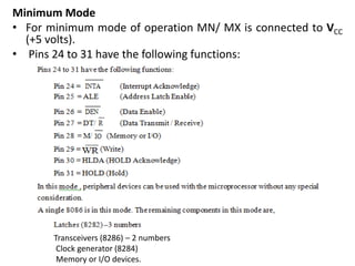 Minimum Mode
• For minimum mode of operation MN/ MX is connected to VCC
(+5 volts).
• Pins 24 to 31 have the following functions:
Transceivers (8286) – 2 numbers
Clock generator (8284)
Memory or I/O devices.
 