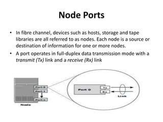 Node Ports
• In fibre channel, devices such as hosts, storage and tape
libraries are all referred to as nodes. Each node is a source or
destination of information for one or more nodes.
• A port operates in full-duplex data transmission mode with a
transmit (Tx) link and a receive (Rx) link
 