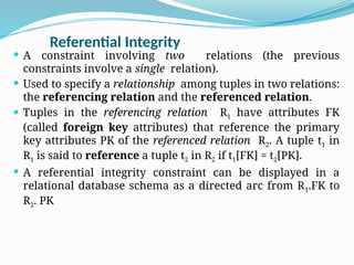 Referential Integrity
 A constraint involving two relations (the previous
constraints involve a single relation).
 Used to specify a relationship among tuples in two relations:
the referencing relation and the referenced relation.
 Tuples in the referencing relation R1 have attributes FK
(called foreign key attributes) that reference the primary
key attributes PK of the referenced relation R2. A tuple t1 in
R1 is said to reference a tuple t2 in R2 if t1[FK] = t2[PK].
 A referential integrity constraint can be displayed in a
relational database schema as a directed arc from R1.FK to
R2. PK
 