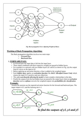 Fig: Back propagation Error Adjusting Weight by Biases
Working of Back Propagation Algorithm:
The Back propagation algorithm involves two main steps:
• Forward Pass
• Backward Pass.
i. FORWARD PASS:
• In forward pass the input data is fed into the input layer.
• These inputs combined with their respective weights are passed to hidden layers.
• For example in a network with two hidden layers (h1 and h2 as shown in Fig. (a)) the output
from h1 serves as the input to h2.
• Before applying an activation function, a bias is added to the weighted inputs.
• Each hidden layer applies an activation function like ReLU (Rectified Linear Unit) which
returns the input if it’s positive and zero otherwise.
• This adds non-linearity allowing the model to learn complex relationships in the data.
• Finally the outputs from the last hidden layer are passed to the output layer where an activation
function such as softmax converts the weighted outputs into probabilities for classification.
Example:
Assume the neurons use the sigmoid activation function for the forward and backward pass. The
target output is 0.5, and the learning rate is 1.
To find the outputs of y3, y4 and y5
 