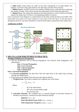  Input Layer: Each neuron (or node) in this layer corresponds to an input feature. For
instance, if you have three input features, the input layer will have three neurons.
 Hidden Layers: An MLP can have any number of hidden layers, with each layer containing
any number of nodes. These layers process the information received from the input layer.
 Output Layer: The output layer generates the final prediction or result. If there are multiple
outputs, the output layer will have a corresponding number of neurons.
Every connection in the diagram is a representation of the fully connected nature of an MLP. This
means that every node in one layer connects to every node in the next layer. As the data moves
through the network, each layer transforms it until the final output is generated in the output layer.
Architecture of MLP:
Fig: Architecture of MLP
2. MULTI-LAYER PERCEPTRON IN PRACTICE:
Working of Multi-Layer Perceptron’s:
 The key mechanisms such as forward propagation, loss function, back propagation, and
optimization.
Step 1: Forward Propagation
Step 2: Loss Function
Step 3: Back propagation
Step 4: Optimization
Step 1: Forward Propagation
 In forward propagation, the data flows from the input layer to the output layer, passing
through any hidden layers.
 Each neuron in the hidden layers processes the input as follows:
1. Weighted Sum: The neuron computes the weighted sum of the inputs:
Where,
o xi is the input feature.
o wi is the corresponding weight.
o b is the bias term.
2. Activation Function: The weighted sum z is passed through an activation function to
introduce non-linearity. Common activation functions include:
 