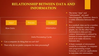 RELATIONSHIP BETWEEN DATA AND
INFORMATION
 Can a computer do thing that we can't do?
 Then why do we prefer computer for data processing?
Process
Input Output
Information
Raw Data
Data Processing Cycle
 The terms “data” and
“information” are used
interchangeably. However, there is
a subtle difference between the
two.
 In a nutshell, data can be a number,
symbol, character, word, codes,
graphs, etc. On the other hand,
information is data put into
context. Information is utilised by
humans in some significant way
(such as to make decisions,
forecasts etc).
 A basic example of information
would be a computer. A computer
uses programming scripts,
formulas, or software applications
to turn data into information.
 