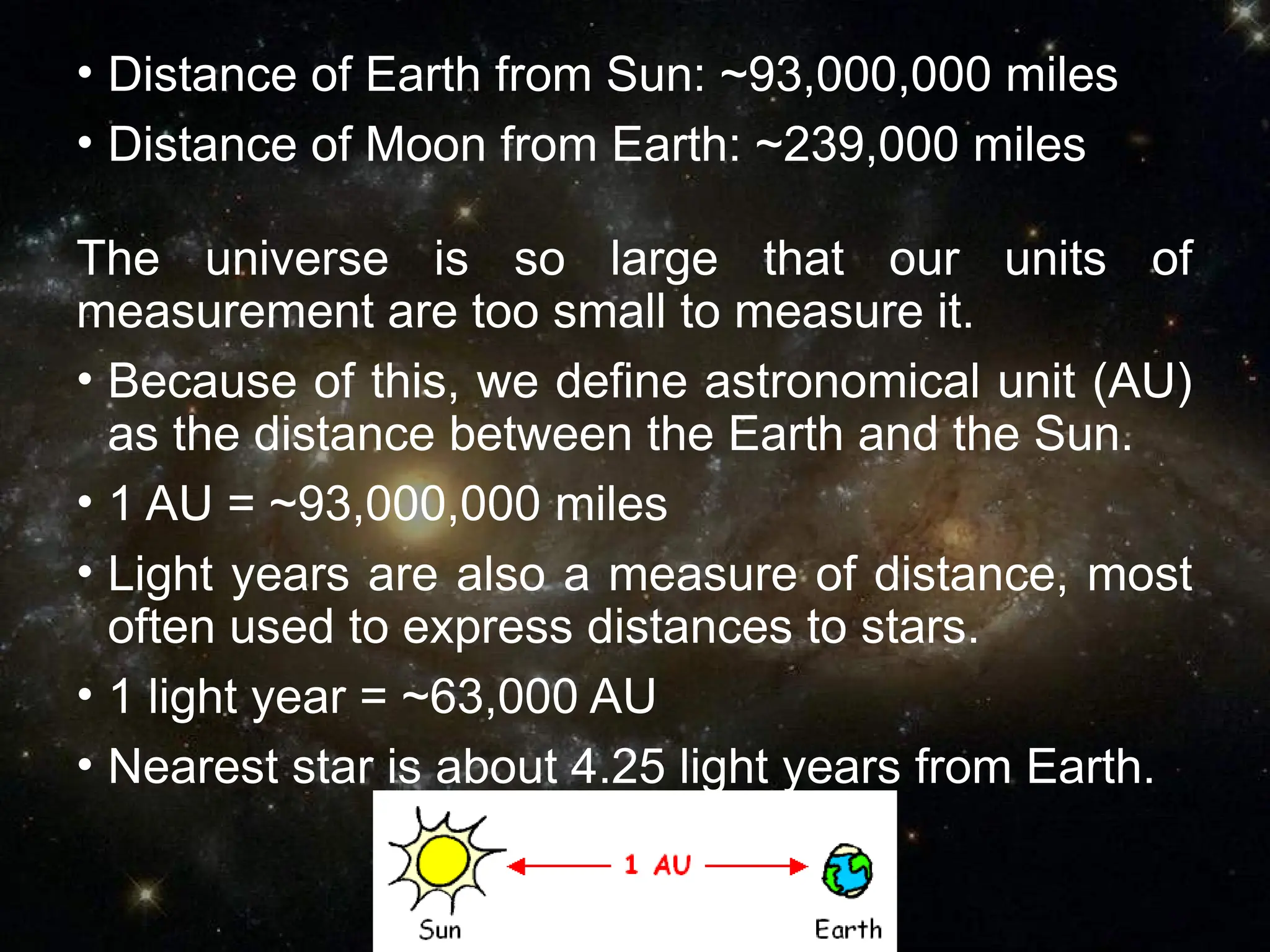 • Distance of Earth from Sun: ~93,000,000 miles
• Distance of Moon from Earth: ~239,000 miles
The universe is so large that our units of
measurement are too small to measure it.
• Because of this, we define astronomical unit (AU)
as the distance between the Earth and the Sun.
• 1 AU = ~93,000,000 miles
• Light years are also a measure of distance, most
often used to express distances to stars.
• 1 light year = ~63,000 AU
• Nearest star is about 4.25 light years from Earth.
 