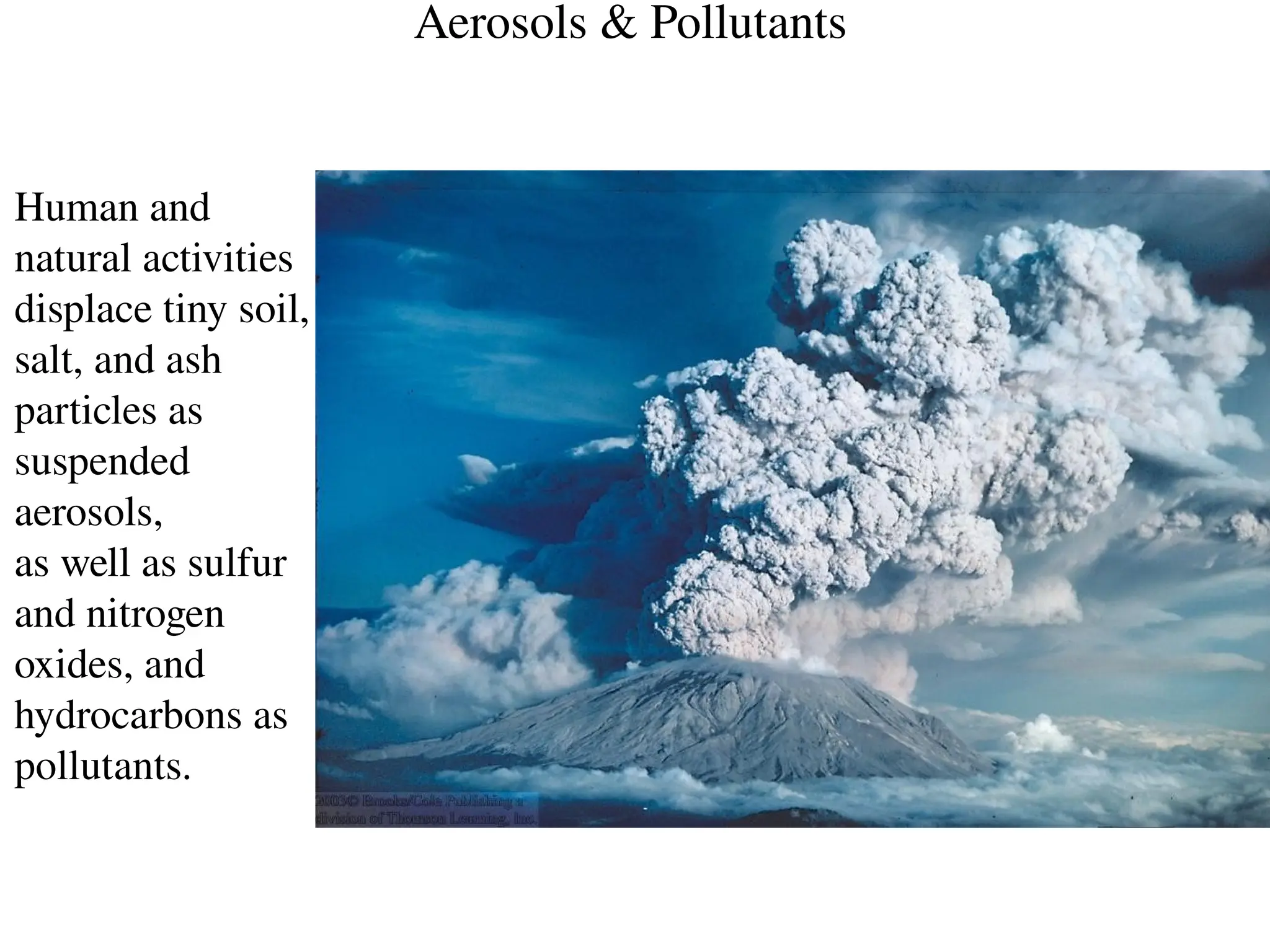 Aerosols & Pollutants
Human and
natural activities
displace tiny soil,
salt, and ash
particles as
suspended
aerosols,
as well as sulfur
and nitrogen
oxides, and
hydrocarbons as
pollutants.
 