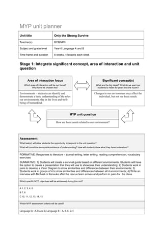 MYP unit planner<br />Unit titleOnly the Strong SurviveTeacher(s)RCR/MPHSubject and grade levelYear 6 Language A and BTime frame and duration8 weeks, 4 lessons each week<br />Stage 1: Integrate significant concept, area of interaction and unit question<br />Area of interaction focusWhich area of interaction will be our focus?Why have we chosen this?Significant concept(s)What are the big ideas? What do we want our students to retain for years into the future?Environments – students can identify and demonstrate a basic understanding of the roles our environments play in the lives and well-being of humankind.Changes in our environment may affect the individual, but not our basic needs.<br />MYP unit questionHow are basic needs related to our environment?<br />AssessmentWhat task(s) will allow students the opportunity to respond to the unit question?What will constitute acceptable evidence of understanding? How will students show what they have understood?FORMATIVE: Responses to literature – journal writing; letter writing; reading comprehension; vocabulary exercisesSUMMATIVE: 1) Students will create a survival guide based on different environments. Students will have the option to create a presentation that they will use to showcase their understanding; 2) Students work in pairs to develop a Venn Diagram to show similarities and differences between their environments; 3) Students work in groups of 4 to show similarities and differences between all 4 environments; 4) Write an interview with Michael or Kensuke after the rescue team arrives and perform in pairs for  the classWhich specific MYP objectives will be addressed during this unit?A 1, 2, 3, 4, 6B 7, 8C 10, 11, 12, 13, 14, 15Which MYP assessment criteria will be used?Language A - A, B and C; Language B – A, B, C, D, E<br />Stage 2: Backward planning: from the assessment to the learning activities through inquiry<br />,[object Object],Ongoing reflections and evaluation<br />In keeping an ongoing record, consider the following questions. There are further stimulus questions at the end of the “Planning for teaching and learning” section of MYP: From principles into practice.Students and teachersWhat did we find compelling? Were our disciplinary knowledge/skills challenged in any way?What inquiries arose during the learning? What, if any, extension activities arose?How did we reflect—both on the unit and on our own learning?Which attributes of the learner profile were encouraged through this unit? What opportunities were there for student-initiated action?Possible connections How successful was the collaboration with other teachers within my subject group and from other subject groups?What interdisciplinary understandings were or could be forged through collaboration with other subjects?AssessmentWere students able to demonstrate their learning?How did the assessment tasks allow students to demonstrate the learning objectives identified for this unit? How did I make sure students were invited to achieve at all levels of the criteria descriptors?Are we prepared for the next stage?Data collection How did we decide on the data to collect? Was it useful?This is a unit that was and could have been way more successful. The students were very excited about the idea of examining different environments. Unfortunately exams made it very difficult to complete many of the ideas that we had and wanted to do. Also we did not get to read as much of the novel as I would have liked. I think this unit would be better in a time when there is no exam. Perhaps this time would have been better for a unit on short stories or poetry. This way you would not have the pressure of trying to complete a novel study which is quite time intensive. This was another unit where our field trip did not come to fruition. I am of the firm belief that learning outside of the classroom is integral and it is not something that has happened yet.The greatest thing about this unit was the cross curricular connections that we were able to make. Math and Physical Education connections were made and they were authentic. The beauty of this was that all the teachers were able to communicate clearly what our goals were and what we wanted the students to achieve. This was one of the first times that I was able to connect three subjects and I believe it was extremely successful. If only I could do this with every unit!!Students demonstrated their learning by creating survival guides. I think that more time on this would have been beneficial- again exams were a real problem. As well, there is very little computer time available to the students. This make doing research very difficult. I do not really know how to solve this problem but it definitely something I want to look at for the next unit!This is a terrific novel for year 6. Language B ha had some difficulty with the language but it was definitely a novel that they could handle. I would repeat this unit but at a different time.<br />