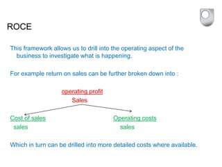 ROCE
This framework allows us to drill into the operating aspect of the
business to investigate what is happening.
For example return on sales can be further broken down into :
operating profit
Sales
Cost of sales Operating costs
sales sales
Which in turn can be drilled into more detailed costs where available.
 