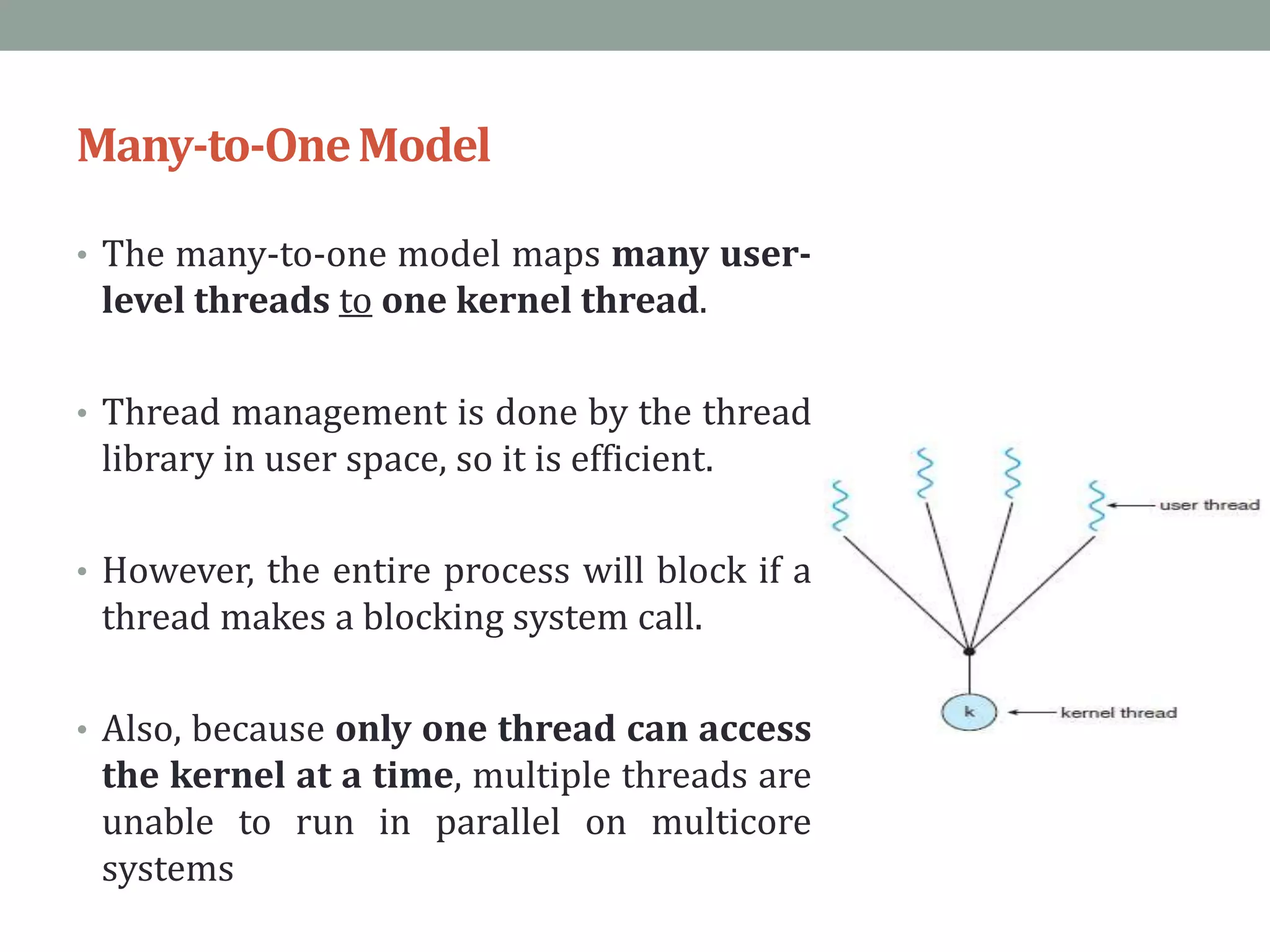Many-to-OneModel
• The many-to-one model maps many user-
level threads to one kernel thread.
• Thread management is done by the thread
library in user space, so it is efficient.
• However, the entire process will block if a
thread makes a blocking system call.
• Also, because only one thread can access
the kernel at a time, multiple threads are
unable to run in parallel on multicore
systems
 