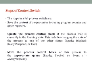StepsofContextSwitch
• The steps in a full process switch are:
• Save the context of the processor, including program counter and
other registers.
• Update the process control block of the process that is
currently in the Running state. This includes changing the state of
the process to one of the other states (Ready; Blocked;
Ready/Suspend; or Exit).
• Move the process control block of this process to
the appropriate queue (Ready; Blocked on Event i ;
Ready/Suspend).
 