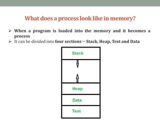 Whatdoes aprocesslooklikeinmemory?
 When a program is loaded into the memory and it becomes a
process
 It can be divided into four sections ─ Stack, Heap, Text and Data
 