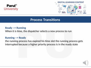 Process Transitions
Ready --> Running
When it is time, the dispatcher selects a new process to run
Running --> Ready
the running process has expired his time slot the running process gets
interrupted because a higher priority process is in the ready state
 
