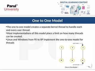 One to One Model
•The one to one model creates a separate kernel thread to handle each
and every user thread.
•Most implementations of this model place a limit on how many threads
can be created.
•Linux and Windows from 95 to XP implement the one-to-one model for
threads
One to One Model [1]
 
