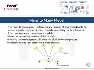 Many to Many Model
• The many to many model multiplexes any number of user threads onto an
equal or smaller number of kernel threads, combining the best features
of the one-to-one and many-to-one models.
• Users can create any number of the threads.
• Blocking the kernel system calls does not block the entire process.
• Processes can be split across multiple processors.
Many to Many Model[1]
 