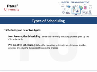 Types of Scheduling
• Scheduling can be of two types:
Non Pre-emptive Scheduling: When the currently executing process gives up the
CPU voluntarily.
Pre-emptive Scheduling: When the operating system decides to favour another
process, pre-empting the currently executing process.
 