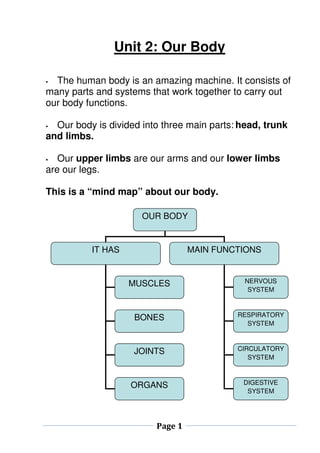 Unit 2: Our Body 
 The human body is an amazing machine. It consists of 
many parts and systems that work together to carry out 
our body functions. 
 Our body is divided into three main parts: head, trunk 
and limbs. 
 Our upper limbs are our arms and our lower limbs 
are our legs. 
This is a “mind map” about our body. 
OUR BODY 
IT HAS MAIN FUNCTIONS 
MUSCLES 
BONES 
JOINTS 
ORGANS 
Page 1 
NERVOUS 
SYSTEM 
RESPIRATORY 
SYSTEM 
CIRCULATORY 
SYSTEM 
DIGESTIVE 
SYSTEM 
 