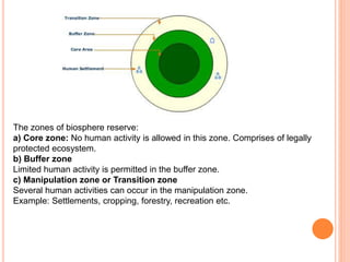 The zones of biosphere reserve:
a) Core zone: No human activity is allowed in this zone. Comprises of legally
protected ecosystem.
b) Buffer zone
Limited human activity is permitted in the buffer zone.
c) Manipulation zone or Transition zone
Several human activities can occur in the manipulation zone.
Example: Settlements, cropping, forestry, recreation etc.
 