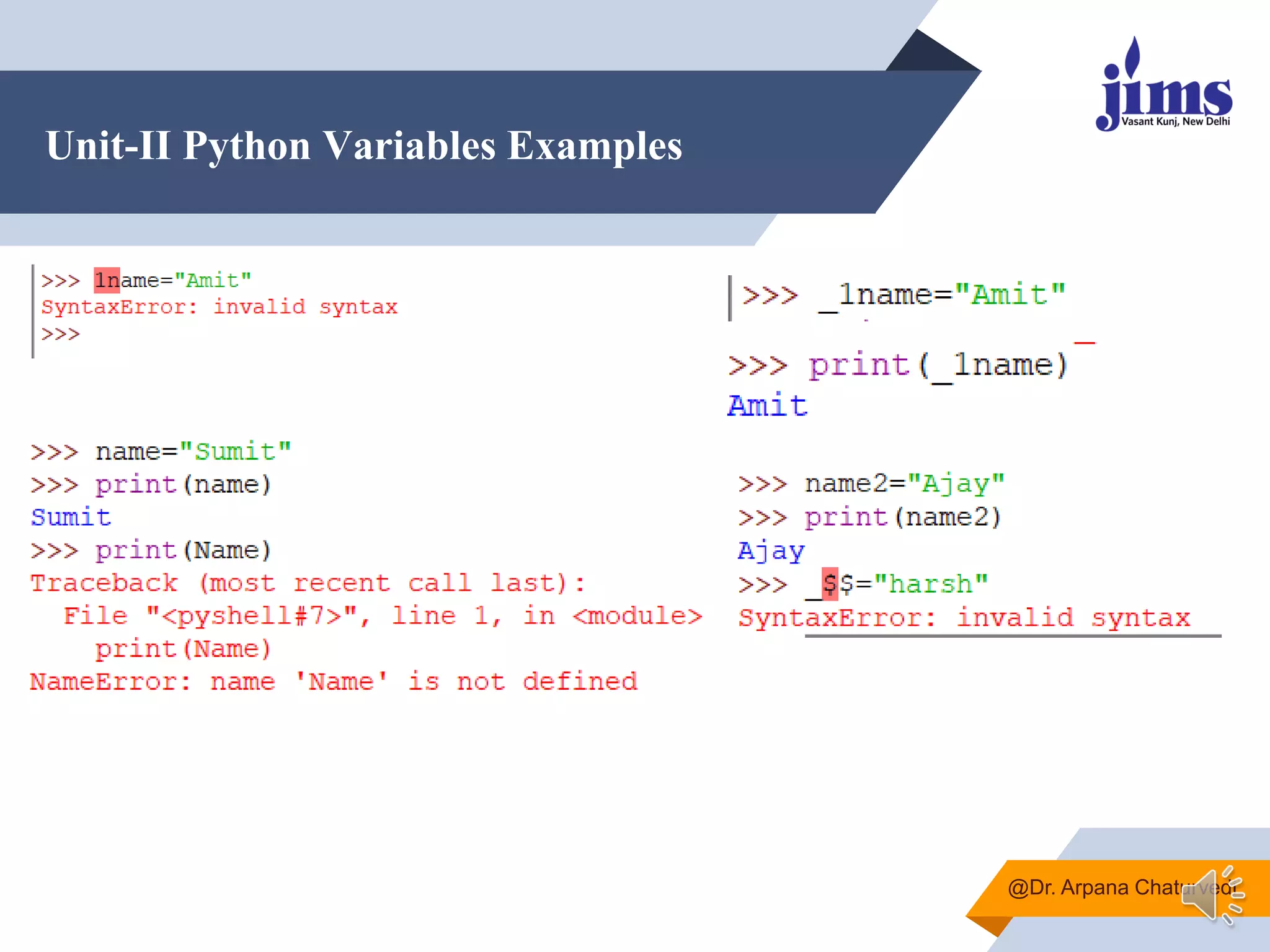 Unit-II Python Variables Examples
@Dr. Arpana Chaturvedi
 