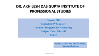 Course: BBA
Semester: 2nd
Semester
Name of Subject: Cost Accounting
Subject Code: BBA 102
Unit-II
Faculty Name: Ms. Shivani Arora,
Assistant Professor
DR. AKHILESH DAS GUPTA INSTITUTE OF
PROFESSIONAL STUDIES
By Shivani Arora 1
 