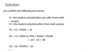 12/07/2024 25
Solution
Let us define the following two events:
 N = the student selected does not suffer from math
 anxiety
M = the student selected suffers from math anxiety
P(x = 0) = P(NN) = .16

P(x = 1) = P(NM or MN) = P(NM) + P(MN)
 = .24 + .24 = .48
 P(x = 2) = P(MM) = .36
 