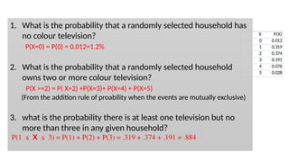 1. What is the probability that a randomly selected household has
no colour television?
P(X=0) = P(0) = 0.012=1.2%
2. What is the probability that a randomly selected household
owns two or more colour television?
P(X >=2) = P( X=2) +P(X=3)+ P(X=4) + P(X=5)
(From the addition rule of proability when the events are mutually exclusive)
3. what is the probability there is at least one television but no
more than three in any given household?
P(1 ≤ X ≤ 3) = P(1) + P(2) + P(3) = .319 + .374 + .191 = .884
X P(X)
0 0.012
1 0.319
2 0.374
3 0.191
4 0.076
5 0.028
 
