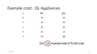 12/07/2024 49
Example cntd: JSL Appliances
x f(x) xf(x)
0 .40 .00
1 .25 .25
2 .20 .40
3 .05 .15
4 .10 .40
 
