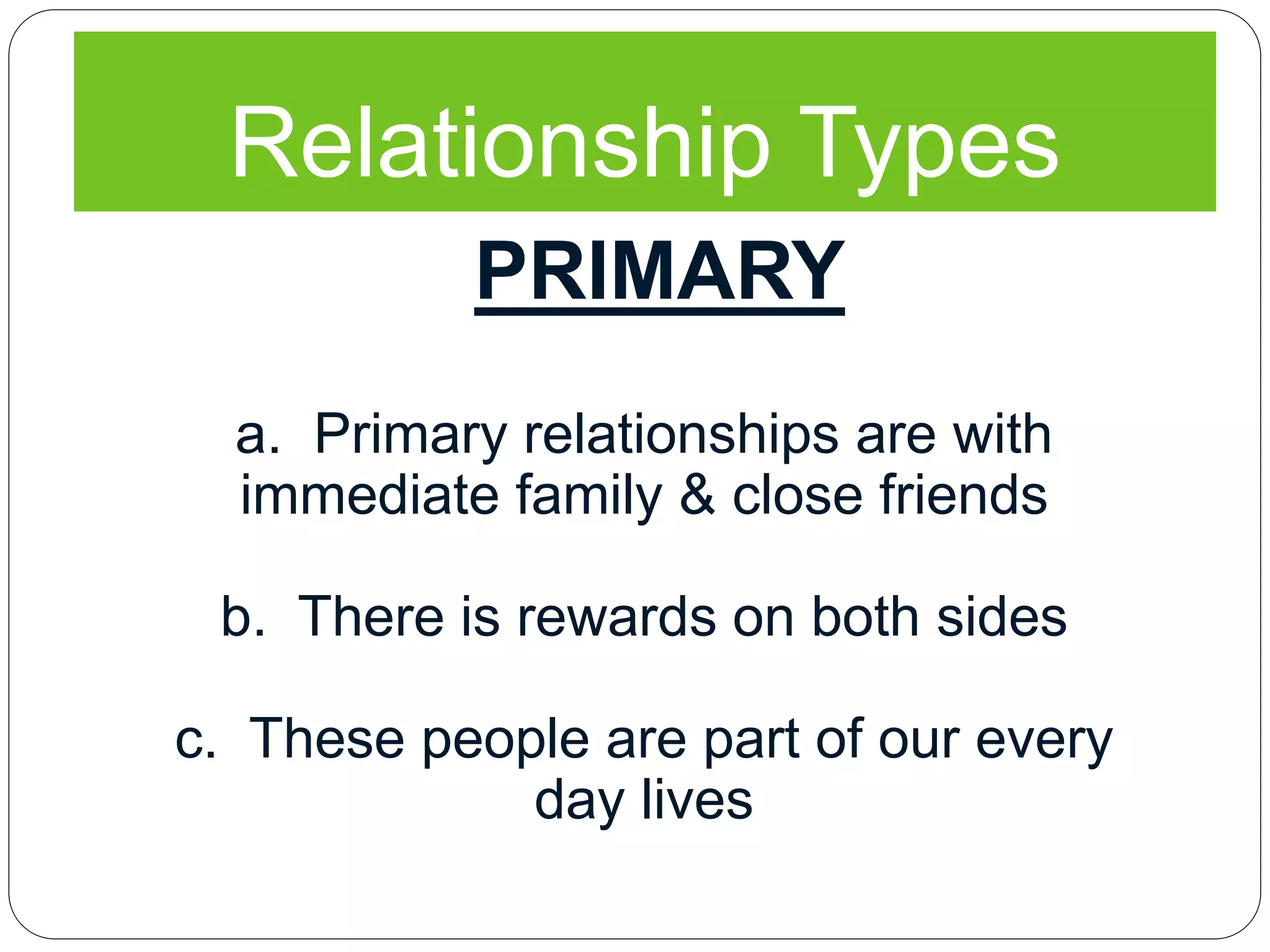 Relationship Types
PRIMARY
a. Primary relationships are with
immediate family & close friends
b. There is rewards on both sides
c. These people are part of our every
day lives
 