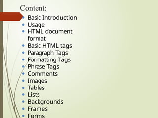 Comprehensive Introduction to HTML: Structure, Tags, and Usage | PPTX