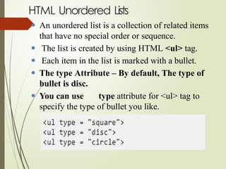 Ul Disc Html Code Comprehensive Introduction to HTML: Structure, Tags, and Usage | PPTX