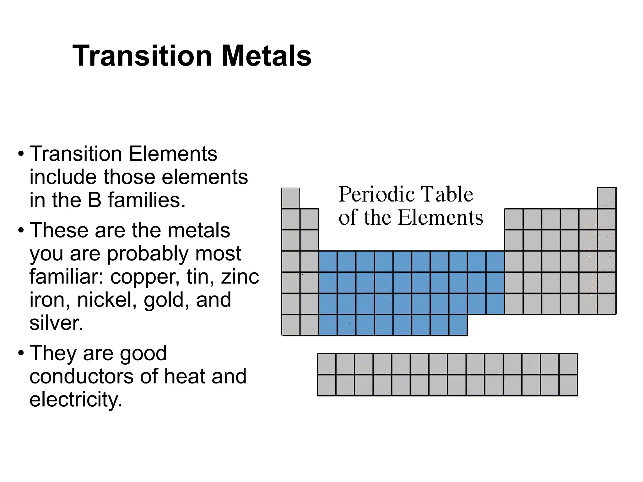 Transition Metals
• Transition Elements
include those elements
in the B families.
• These are the metals
you are probably most
familiar: copper, tin, zinc,
iron, nickel, gold, and
silver.
• They are good
conductors of heat and
electricity.
 