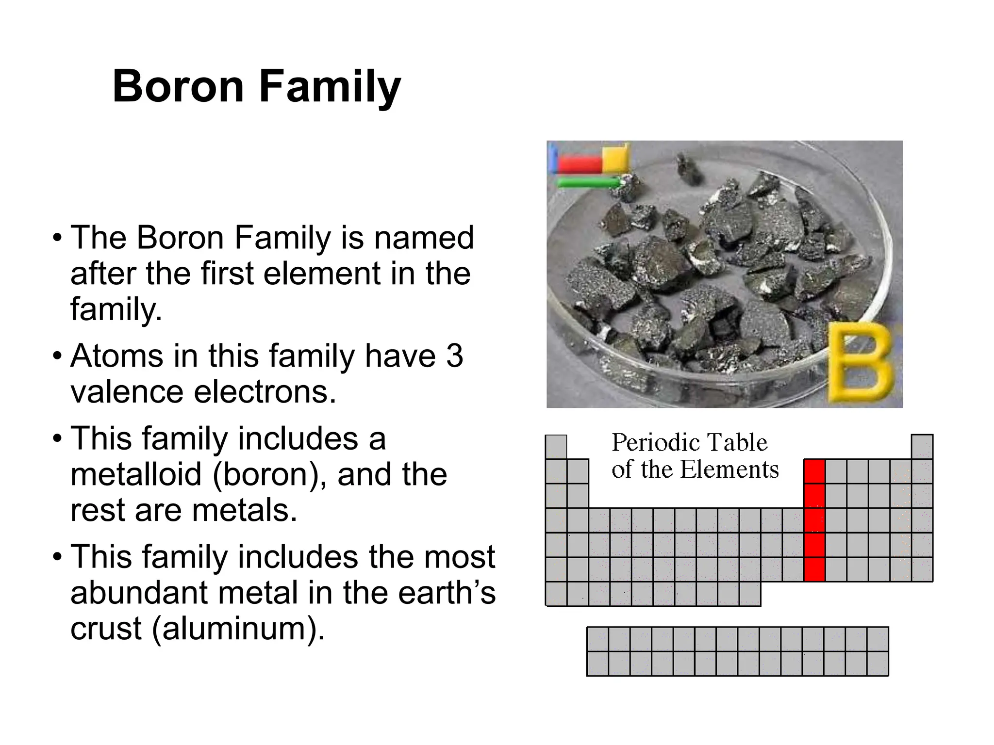 Boron Family
• The Boron Family is named
after the first element in the
family.
• Atoms in this family have 3
valence electrons.
• This family includes a
metalloid (boron), and the
rest are metals.
• This family includes the most
abundant metal in the earth’s
crust (aluminum).
 