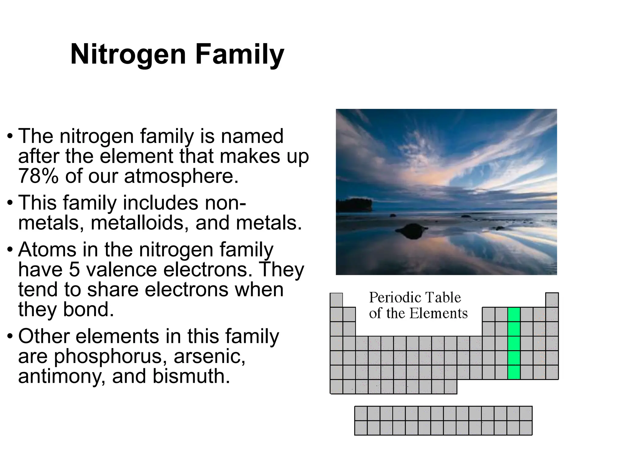 Nitrogen Family
• The nitrogen family is named
after the element that makes up
78% of our atmosphere.
• This family includes non-
metals, metalloids, and metals.
• Atoms in the nitrogen family
have 5 valence electrons. They
tend to share electrons when
they bond.
• Other elements in this family
are phosphorus, arsenic,
antimony, and bismuth.
 