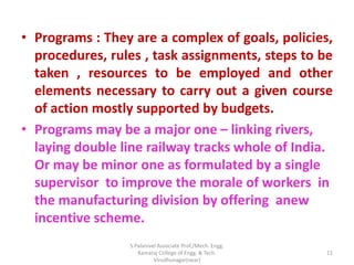 • Programs : They are a complex of goals, policies,
procedures, rules , task assignments, steps to be
taken , resources to be employed and other
elements necessary to carry out a given course
of action mostly supported by budgets.
• Programs may be a major one – linking rivers,
laying double line railway tracks whole of India.
Or may be minor one as formulated by a single
supervisor to improve the morale of workers in
the manufacturing division by offering anew
incentive scheme.
11
S.Palanivel Associate Prof./Mech. Engg.
Kamaraj College of Engg. & Tech.
Virudhunagar(near)
 