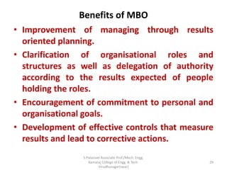Benefits of MBO
• Improvement of managing through results
oriented planning.
• Clarification of organisational roles and
structures as well as delegation of authority
according to the results expected of people
holding the roles.
• Encouragement of commitment to personal and
organisational goals.
• Development of effective controls that measure
results and lead to corrective actions.
29
S.Palanivel Associate Prof./Mech. Engg.
Kamaraj College of Engg. & Tech.
Virudhunagar(near)
 