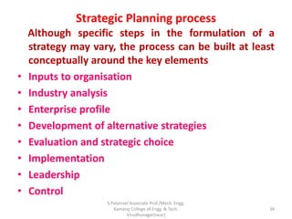 Strategic Planning process
Although specific steps in the formulation of a
strategy may vary, the process can be built at least
conceptually around the key elements
• Inputs to organisation
• Industry analysis
• Enterprise profile
• Development of alternative strategies
• Evaluation and strategic choice
• Implementation
• Leadership
• Control
34
S.Palanivel Associate Prof./Mech. Engg.
Kamaraj College of Engg. & Tech.
Virudhunagar(near)
 