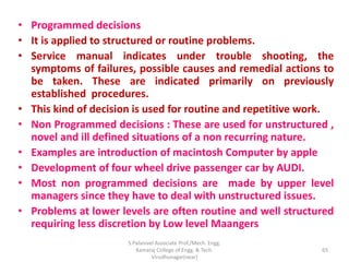 • Programmed decisions
• It is applied to structured or routine problems.
• Service manual indicates under trouble shooting, the
symptoms of failures, possible causes and remedial actions to
be taken. These are indicated primarily on previously
established procedures.
• This kind of decision is used for routine and repetitive work.
• Non Programmed decisions : These are used for unstructured ,
novel and ill defined situations of a non recurring nature.
• Examples are introduction of macintosh Computer by apple
• Development of four wheel drive passenger car by AUDI.
• Most non programmed decisions are made by upper level
managers since they have to deal with unstructured issues.
• Problems at lower levels are often routine and well structured
requiring less discretion by Low level Maangers
65
S.Palanivel Associate Prof./Mech. Engg.
Kamaraj College of Engg. & Tech.
Virudhunagar(near)
 