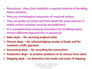 • Procedures : Plans that establish a required method of handling
future activities
• They are chronological sequences of required actions.
• They are guides to action and they detail the exact manner in
which certain activities must be accomplished.
• In a manufacturing company, procedure for handling orders
involve different departments in sequences
 Sales dept. – for receiving original order
 Finance dept. – for acknowledging receipt of funds and for
customer credit approval
 Accounting dept. – for recording the transaction
 Production dept.- to produce products or to release from stock
 Shipping dept. – to determine the mode and route of shipping
9
S.Palanivel Associate Prof./Mech. Engg.
Kamaraj College of Engg. & Tech.
Virudhunagar(near)
 