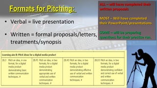 • Verbal = live presentation
• Written = formal proposals/letters,
treatments/synopsis
Formats for Pitching:Formats for Pitching:
ALL – will have completed theirALL – will have completed their
written proposalswritten proposals
MOST – Will have completedMOST – Will have completed
their PowerPoint/presentationstheir PowerPoint/presentations
SOME – will be preparingSOME – will be preparing
questions for their practise run.questions for their practise run.
ALL – will have completed theirALL – will have completed their
written proposalswritten proposals
MOST – Will have completedMOST – Will have completed
their PowerPoint/presentationstheir PowerPoint/presentations
SOME – will be preparingSOME – will be preparing
questions for their practise run.questions for their practise run.
 