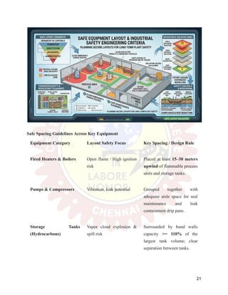 Safe Spacing Guidelines Across Key Equipment
Equipment Category Layout Safety Focus Key Spacing / Design Rule
Fired Heaters & Boilers Open flame / High ignition
risk
Placed at least 15–30 meters
upwind of flammable process
units and storage tanks.
Pumps & Compressors Vibration, leak potential Grouped together with
adequate aisle space for seal
maintenance and leak
containment drip pans.
Storage Tanks
(Hydrocarbons)
Vapor cloud explosion &
spill risk
Surrounded by bund walls
capacity >= 110% of the
largest tank volume; clear
separation between tanks.
21
 