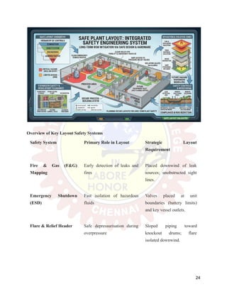 Overview of Key Layout Safety Systems
Safety System Primary Role in Layout Strategic Layout
Requirement
Fire & Gas (F&G)
Mapping
Early detection of leaks and
fires
Placed downwind of leak
sources; unobstructed sight
lines.
Emergency Shutdown
(ESD)
Fast isolation of hazardous
fluids
Valves placed at unit
boundaries (battery limits)
and key vessel outlets.
Flare & Relief Header Safe depressurisation during
overpressure
Sloped piping toward
knockout drums; flare
isolated downwind.
24
 