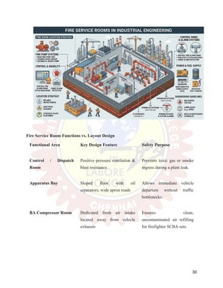 ​
​
Fire Service Room Functions vs. Layout Design
Functional Area Key Design Feature Safety Purpose
Control / Dispatch
Room
Positive pressure ventilation &
blast resistance
Prevents toxic gas or smoke
ingress during a plant leak.
Apparatus Bay Sloped floor with oil
separators; wide apron roads
Allows immediate vehicle
departure without traffic
bottlenecks.
BA Compressor Room Dedicated fresh air intake
located away from vehicle
exhausts
Ensures clean,
uncontaminated air refilling
for firefighter SCBA sets.
30
 