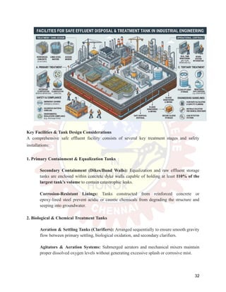 ​
​
Key Facilities & Tank Design Considerations
A comprehensive safe effluent facility consists of several key treatment stages and safety
installations:
1. Primary Containment & Equalization Tanks
​
​ Secondary Containment (Dikes/Bund Walls): Equalization and raw effluent storage
tanks are enclosed within concrete dyke walls capable of holding at least 110% of the
largest tank's volume to contain catastrophic leaks.
​
​
​
​ Corrosion-Resistant Linings: Tanks constructed from reinforced concrete or
epoxy-lined steel prevent acidic or caustic chemicals from degrading the structure and
seeping into groundwater.
2. Biological & Chemical Treatment Tanks
​
​ Aeration & Settling Tanks (Clarifiers): Arranged sequentially to ensure smooth gravity
flow between primary settling, biological oxidation, and secondary clarifiers.
​
​
​
​ Agitators & Aeration Systems: Submerged aerators and mechanical mixers maintain
proper dissolved oxygen levels without generating excessive splash or corrosive mist.
32
 