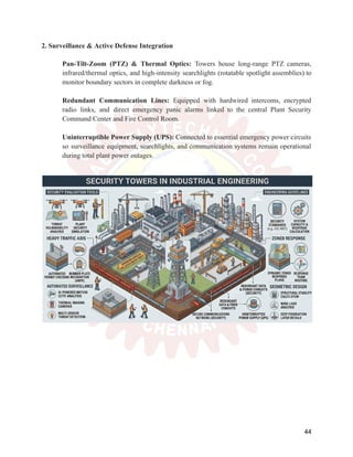 2. Surveillance & Active Defense Integration
​
​ Pan-Tilt-Zoom (PTZ) & Thermal Optics: Towers house long-range PTZ cameras,
infrared/thermal optics, and high-intensity searchlights (rotatable spotlight assemblies) to
monitor boundary sectors in complete darkness or fog.
​
​
​
​ Redundant Communication Lines: Equipped with hardwired intercoms, encrypted
radio links, and direct emergency panic alarms linked to the central Plant Security
Command Center and Fire Control Room.
​
​
​
​ Uninterruptible Power Supply (UPS): Connected to essential emergency power circuits
so surveillance equipment, searchlights, and communication systems remain operational
during total plant power outages.
​
​
44
 