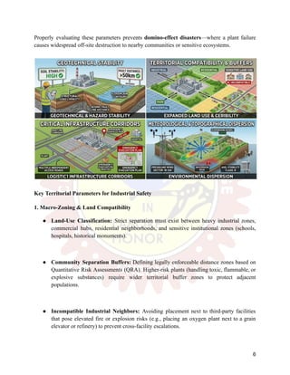 Properly evaluating these parameters prevents domino-effect disasters—where a plant failure
causes widespread off-site destruction to nearby communities or sensitive ecosystems.
Key Territorial Parameters for Industrial Safety
1. Macro-Zoning & Land Compatibility
●​ Land-Use Classification: Strict separation must exist between heavy industrial zones,
commercial hubs, residential neighborhoods, and sensitive institutional zones (schools,
hospitals, historical monuments).
●​ Community Separation Buffers: Defining legally enforceable distance zones based on
Quantitative Risk Assessments (QRA). Higher-risk plants (handling toxic, flammable, or
explosive substances) require wider territorial buffer zones to protect adjacent
populations.
●​ Incompatible Industrial Neighbors: Avoiding placement next to third-party facilities
that pose elevated fire or explosion risks (e.g., placing an oxygen plant next to a grain
elevator or refinery) to prevent cross-facility escalations.
6
 