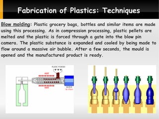 Fabrication of Plastics: Techniques
Blow molding: Plastic grocery bags, bottles and similar items are made
using this processing. As in compression processing, plastic pellets are
melted and the plastic is forced through a gate into the blow pin
camera. The plastic substance is expanded and cooled by being made to
flow around a massive air bubble. After a few seconds, the mould is
opened and the manufactured product is ready.

 