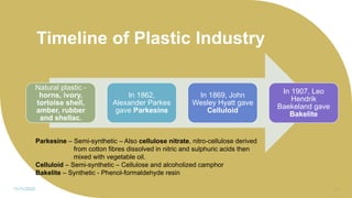 Timeline of Plastic Industry
Natural plastic -
horns, ivory,
tortoise shell,
amber, rubber
and shellac.
In 1862,
Alexander Parkes
gave Parkesine
In 1869, John
Wesley Hyatt gave
Celluloid
In 1907, Leo
Hendrik
Baekeland gave
Bakelite
11/11/2022 15
Parkesine – Semi-synthetic – Also cellulose nitrate, nitro-cellulose derived
from cotton fibres dissolved in nitric and sulphuric acids then
mixed with vegetable oil.
Celluloid – Semi-synthetic – Cellulose and alcoholized camphor
Bakelite – Synthetic - Phenol-formaldehyde resin
 