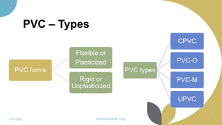 PVC – Types
PVC forms
Flexible or
Plasticized
Rigid or
Unplasticized
11/11/2022 PRESENTATION TITLE 52
PVC types
CPVC
PVC-O
PVC-M
UPVC
 