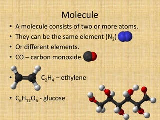 MoleculeA molecule consists of two or more atoms.They can be the same element (N2)Or different elements. CO – carbon monoxide                C2H4 – ethyleneC6H12O6 - glucose